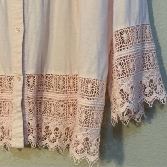 CYNTHIA ROWLEY Crochet Trimmed Sleeve Hem Linen Button Up Women 1X Petal Pink. - Picture 5 of 14